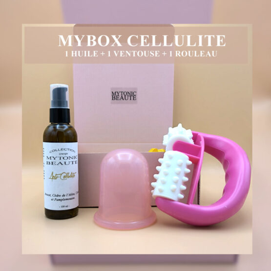 Présentation détail du coffret box cellulite contenant 1 ventouse, 1 rouleau et 1 huile cellulite dans une jolie boite rose